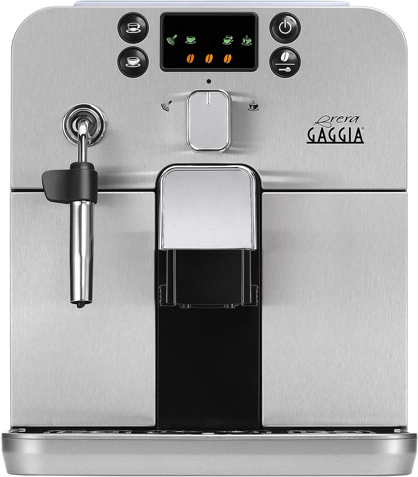 Gaggia Brera - pilnībā automātiska kafijas mašīna ar tvaika sprauslu, sudraba krāsā, kompakta un viegli lietojama.