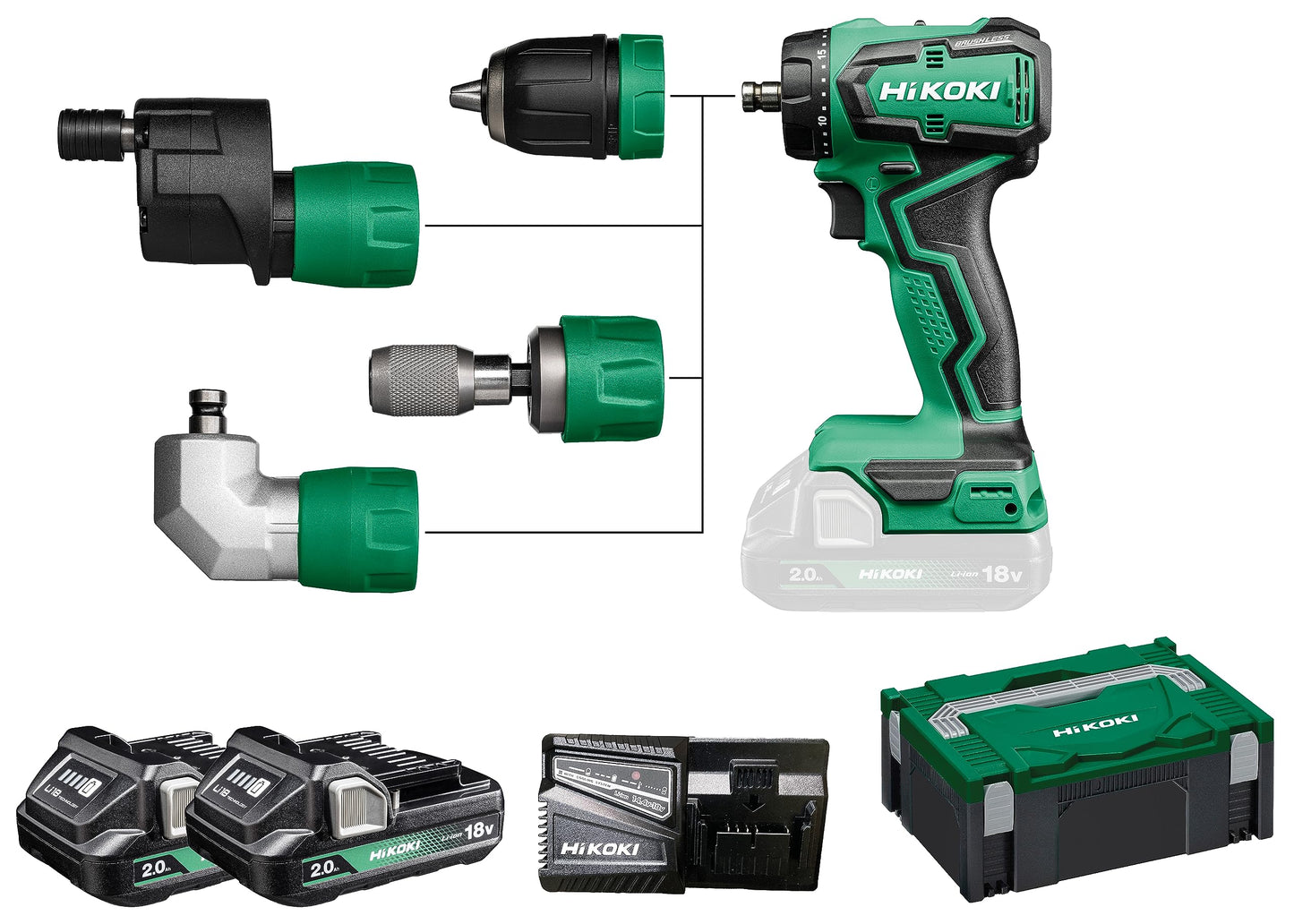 HIKOKI akumulatora urbjmašīna Quick DS18DDQ - 18V, 2x2,0 Ah, 55 Nm griezes moments, 0-1700 min-1, 1,5-13 mm urbja patrona