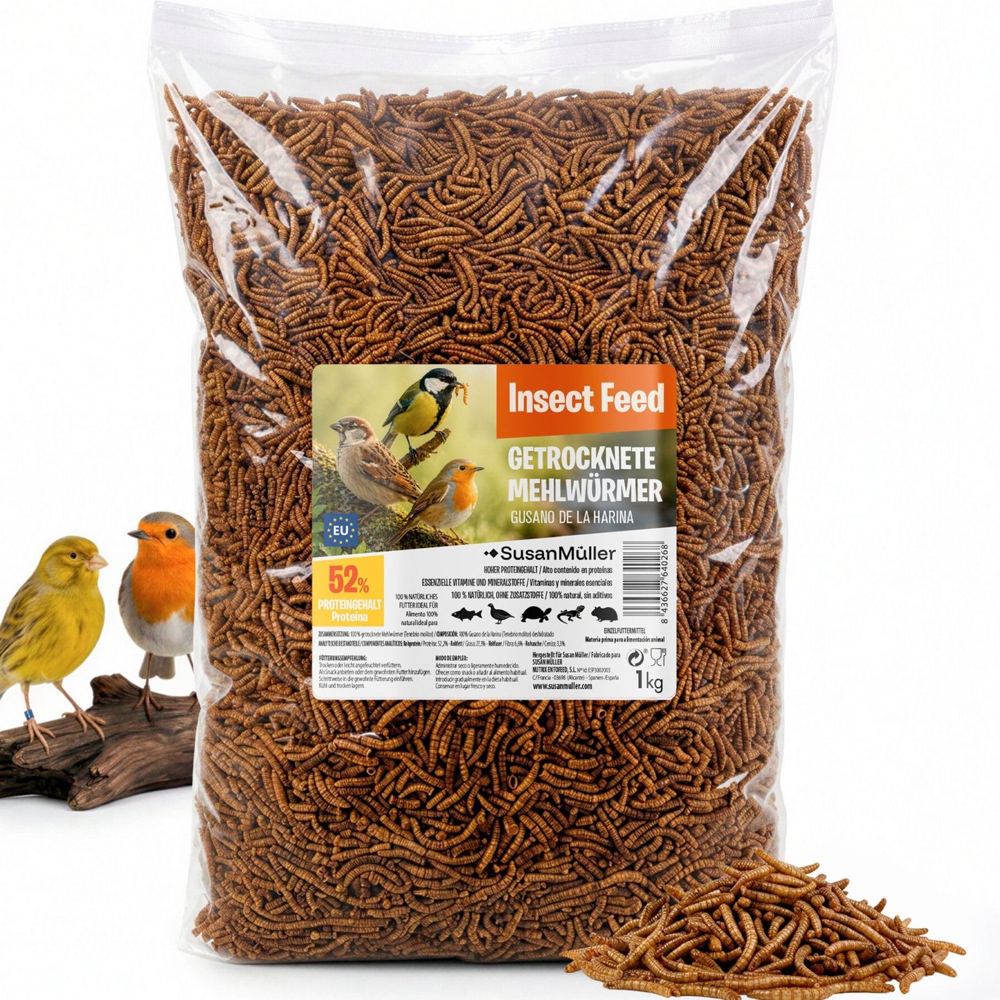 Žāvēti miltu tārpi Nutrix Entofeed – 100% dabīgas Tenebrio-Molitor kāpuri no SusanMüller, papildbarība savvaļas putniem, vistām, koi karpām un dīķa zivīm, 1 kg maisiņš