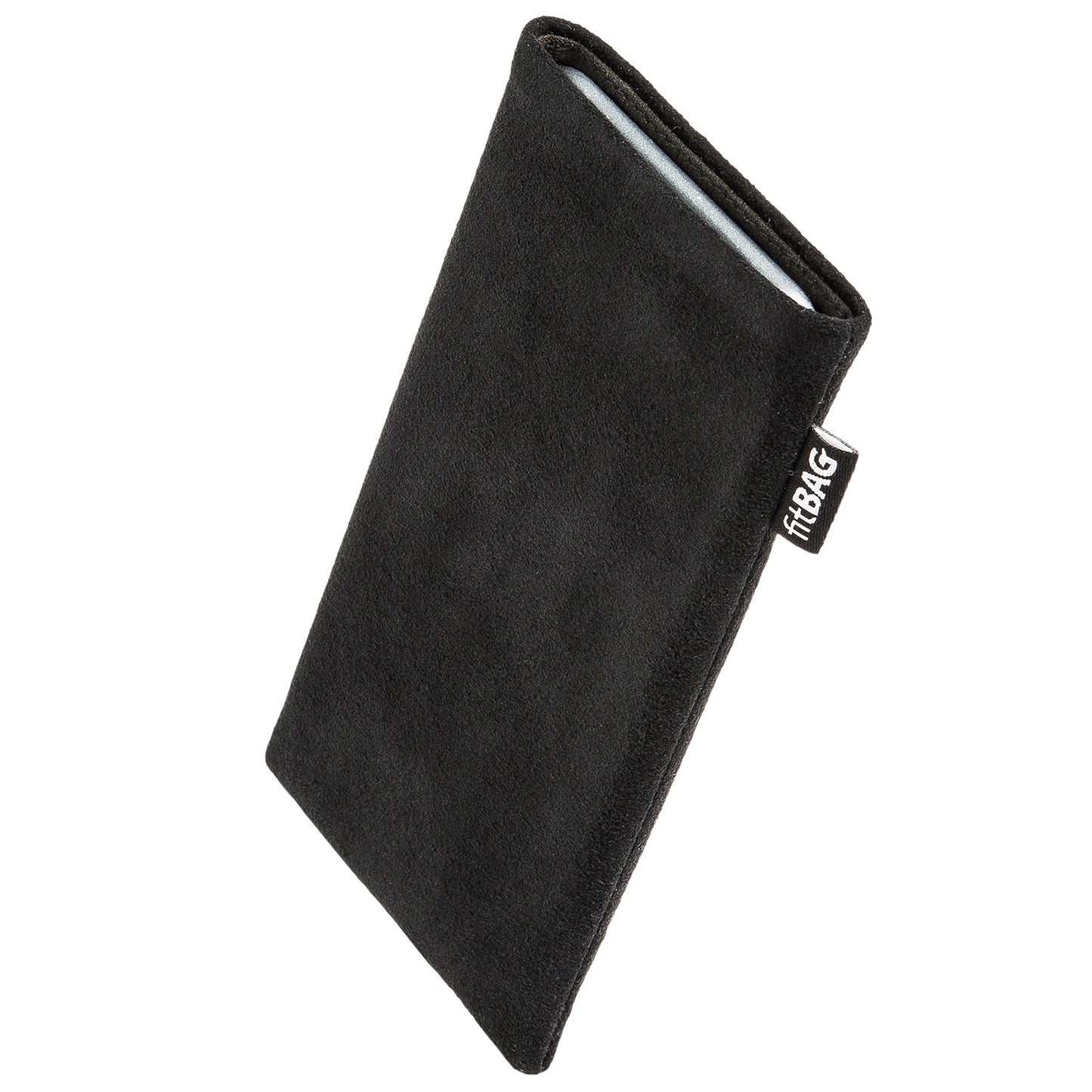 fitBAG Classic melns tālruņa maciņš Apple iPhone 17e / iPhone 16e / iPhone 14/14 Pro, no oriģināla Alcantara ar mikrošķiedras iekšpusi | vāciņš ar tīrīšanas funkciju | Ražots Vācijā