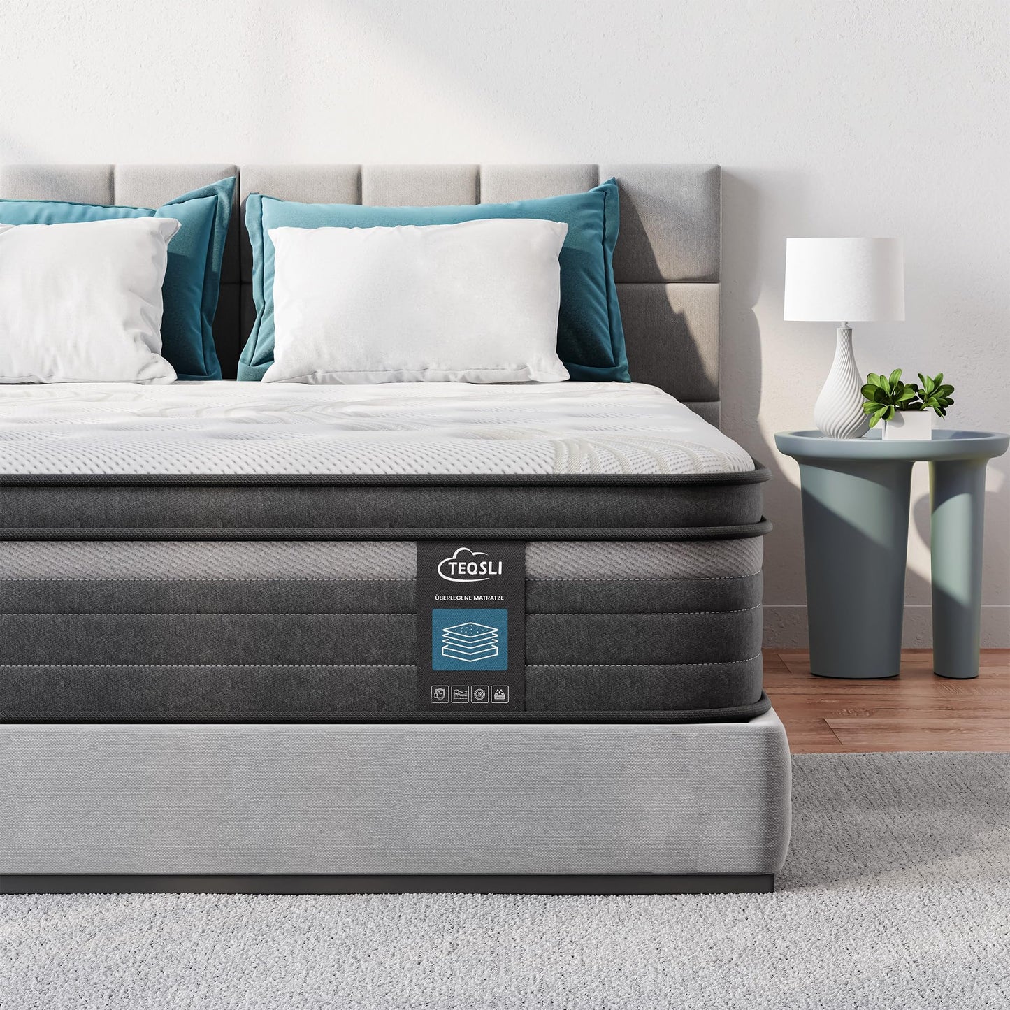 TeQsli gel kabatas atsperu matracis 90x200 cm, 25 cm augstums H3 stingrības pakāpe, ergonomisks 9 zonu matracis, ortopēdisks atsperu matracis ar gel memory putām, Öko-Tex un CertiPUR sertificēts