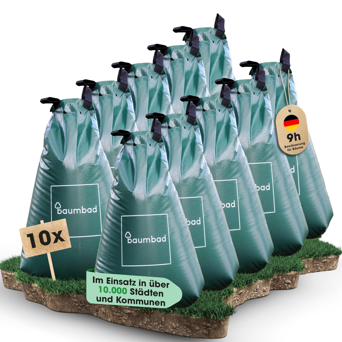 baumbad | 10 koku laistīšanas maisi kokiem | ilgtermiņa laistīšanas sistēma | izturīgs 75 Liter ūdens maiss/laistīšanas maiss no UV izturīga PVC, augu atbalsts karstām vasarām
