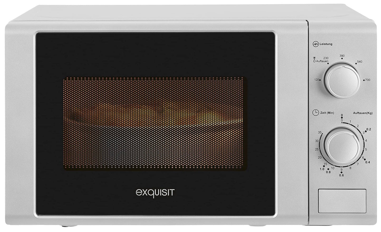Exquisit® mikroviļņu krāsns, 20 l, 700 W, 5 jaudas līmeņi, sudraba krāsā, krāsota iekšējā apdare, ātrā palaišana, atkausēšanas funkcija, šķīvis 25,5 cm, spiedpoga, izmēri 25,8 x 43,9 x 32,3 cm.