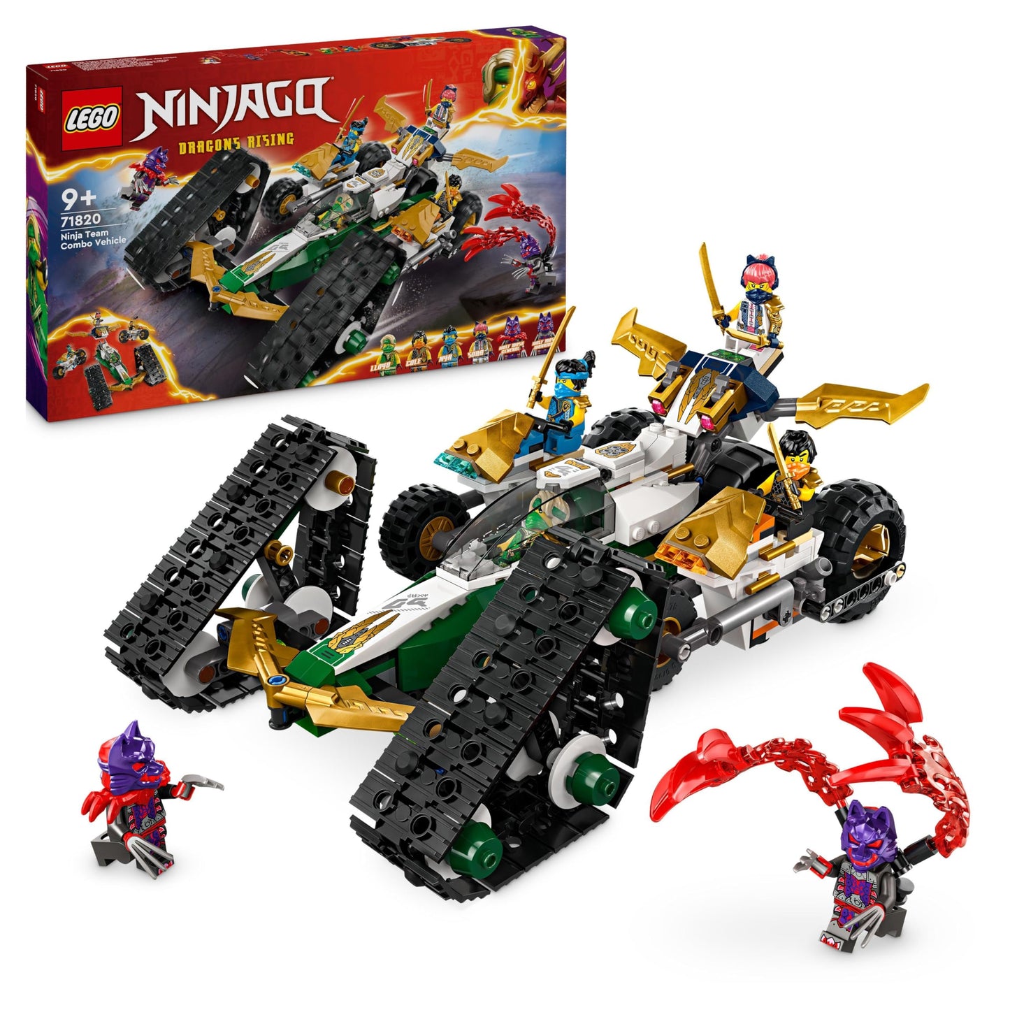LEGO NINJAGO Ninja komandas kombi-kāpurs - 4-in-1 komplekts ar planieri, sacīkšu auto, 2 motocikliem un 6 minifigūrām.