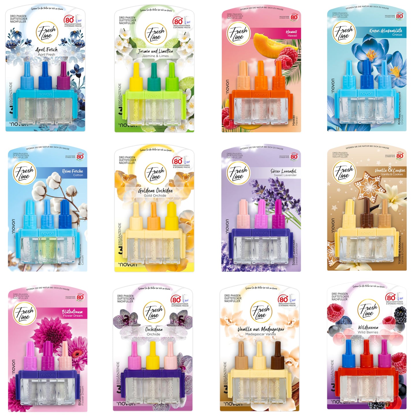 Telpas aromāts FRESH LINE® uzpildes 3 gab. (3x7 ml) – 3 fāžu maiņa – saderīgs ar 3VOLUTION – gaisa atsvaidzinātājs – 6 smaržas: meža ogas, jasmīns ar laimu, pavasara svaigums, zelta orhideja, vaniļa, orhidejas