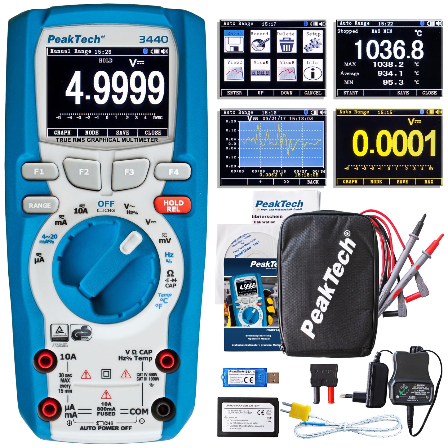 Digitālais multimetrs PeakTech P 3440 ar Bluetooth un grafisko displeju, 50000 counts, TÜV/GS, CAT III 1000 V