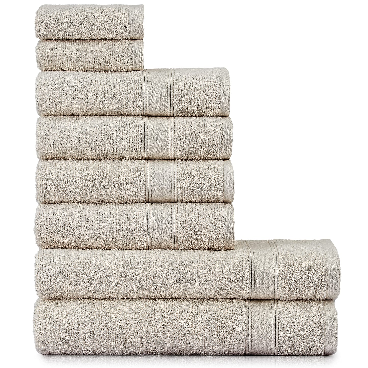 Dvieļu komplekts nottoc, bēšs, 8 daļas, 100% kokvilna, 2 vannas dvieļi 70x140, 4 roku dvieļi 50x90, 2 viesu dvieļi 30x50