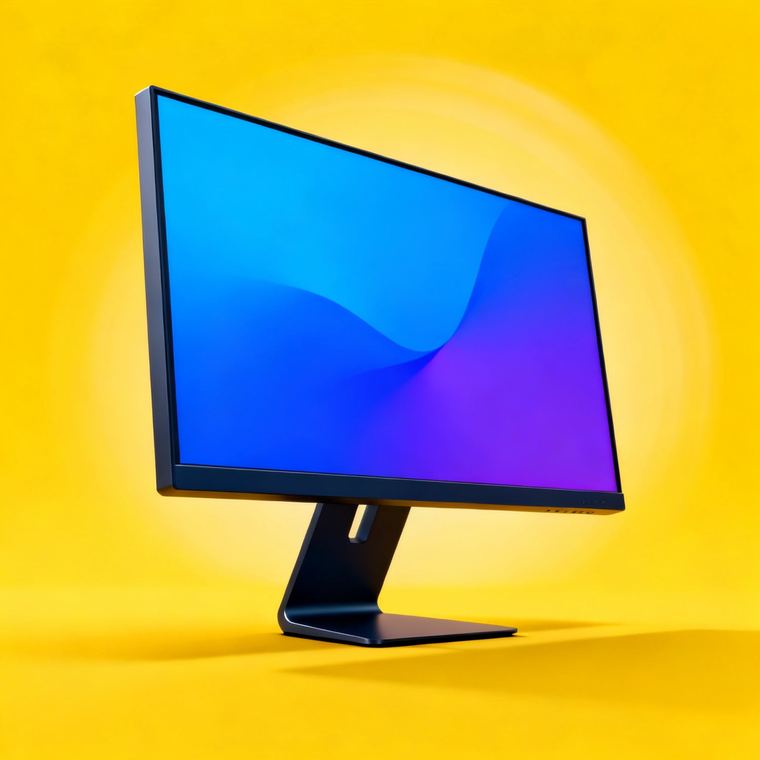 Monitori — platekrāna datora monitors ar tīru rāmi uz dzeltena fona