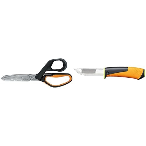 Fiskars augstas veiktspējas šķēres, garums 21 cm, melns/oranžs, PowerArc, 1027204 un augstas veiktspējas nazis ar holsteri, kas ietver iebūvētu naža asinātāju, kopējais garums: 21,9 cm, melns/oranžs/zaļš, 1023619