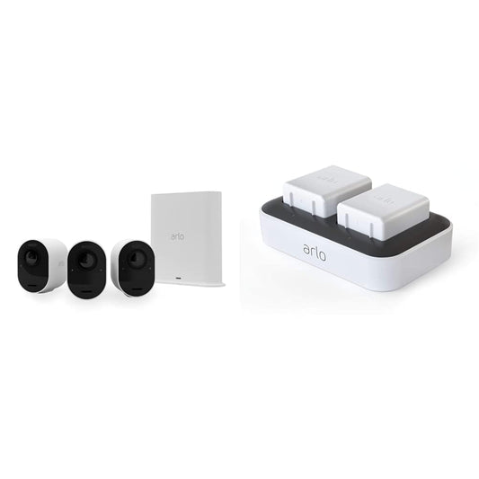 Arlo Ultra 2 Spotlight WLAN uzraudzības kamera, bezvadu, iekštelpām/ārpusei, 3 gab. komplekts, 4K video un HDR, balta un sertificēti piederumi | Divkāršā uzlādes stacija (līdz divām akumulatoriem)