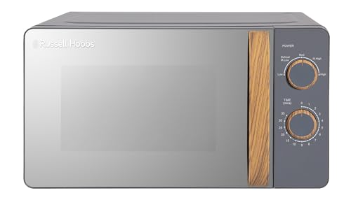 Russell Hobbs RHMM713G Manuālā mikroviļņu krāsns kompaktā skandināvu stilā, 5 jaudas līmeņi, rokturis un grozāmais regulators koka izskatā, taimeris, atkausēšanas funkcija, viegla tīrīšana, 17 L, 700 W, pelēka