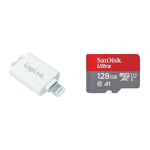LogiLink AA0089 kartes lasītājs Micro SD ierīcēm ar Lightning pieslēgvietu - MFI sertificēts un SanDisk Ultra 128GB MicroSDXC atmiņas karte + SD adapteris ar A1 lietotnes veiktspēju līdz 100 MB/s
