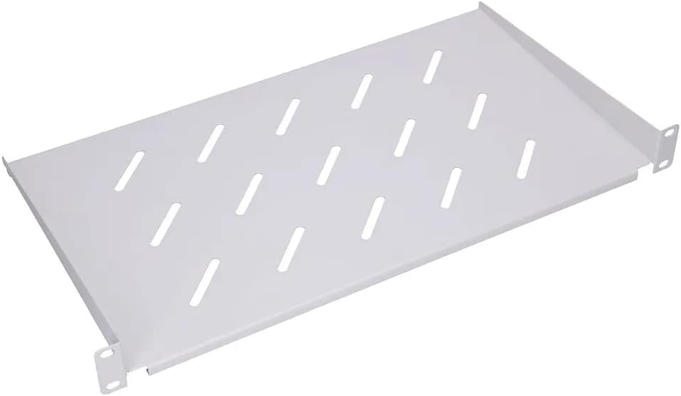 Extralnik 19 collu plaukts 1HE 300 mm dziļums, stabils plaukts tīkla skapim, perforēts, 20 kg nestspēja, saderīgs ar 19" serveru skapjiem no 450 mm skapja dziļuma, ar montāžas komplektu, pelēks