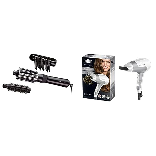 Braun Satin Hair 3 Siltā gaisa lokšķēres, ieskaitot ķemmes un suku uzgali & Satin Hair 5 Power Perfection matu fēns, profesionāls fēns ar IonTec, HD580, balts un sudraba krāsā.