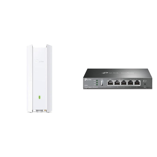 TP-Link EAP610-Outdoor AX1800 Gigabit Dualband WiFi 6 WLAN piekļuves punkts balts un ER605 5 portu Dual/Multiple WAN VPN maršrutētājs (līdz 4 Gigabit WAN portiem, augsti drošs VPN) melns, ideāli piemērots biroja tīklam