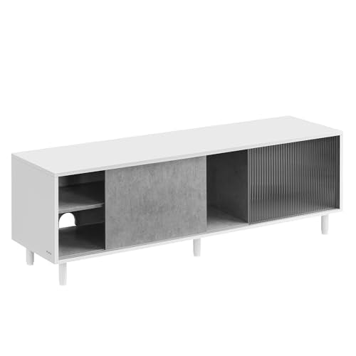 VASAGLE Superātra rīku bezmontāža, TV skapītis televizoriem līdz 60 collām, televizora galds viesistabai, rievota stikla, 140 x 39 x 45 cm, bezrīku tehnoloģija, mākoņu balta-betona pelēka LTV466W03