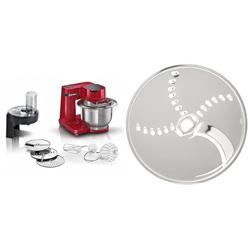 Bosch virtuves kombains MUM sērija 2 MUMS2ER01, nerūsējošā tērauda bļoda 3,8 L, 700 W, sarkans un Bosch kartupeļu pankūku rīve MUZ45KP1, apgriežamā rīve, mazgājama trauku mazgājamajā mašīnā.