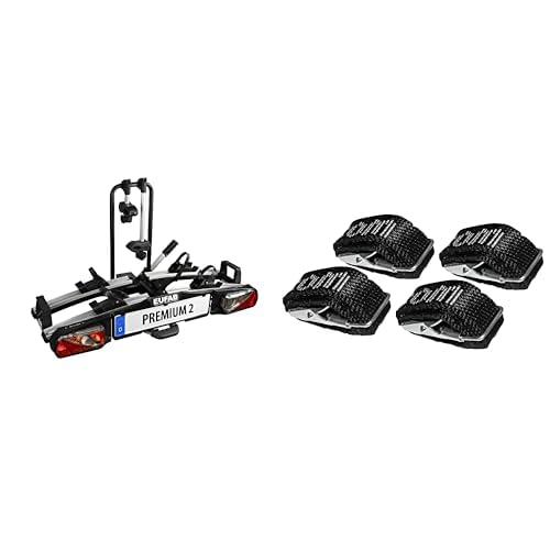 Veloturētājs EUFAB 11521 Premium 2, E-Bike, pilnībā samontēts, pretaizdzīšanas aizsardzība, 2 velosipēdiem, piekabes āķim un veloturētāja nostiprināšanas siksnas 12027