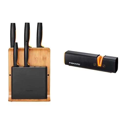 Fiskars Bambusa dizaina nažu bloks ar 5 nažiem un nažu asinātāju asiem tērauda nažiem, keramikas asināmais akmens, Edge, Roll-Sharp, melns/oranžs, 1003098