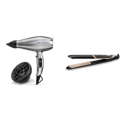 BaByliss Pro Digital 2200 vatu profesionālais matu fēns ar jonu tehnoloģiju un keramikas pārklājumu, ražots Itālijā, 6000E un Super Smooth 235 izlīdzinātājs ar jonu tehnoloģiju 140°C - 235°C ST393E