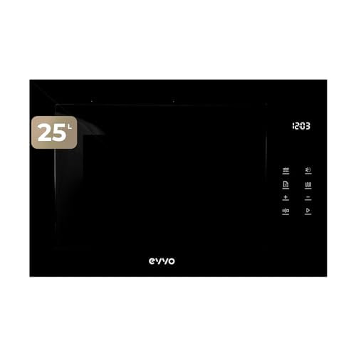 EVVO Integrētā mikroviļņu krāsns Mi45 Stikls Bl, 25 l ietilpība, grils 1200 W, durvis un rāmis ar spīduma efektu, daudzfunkcionāla, 8 funkcijas, taimeris 60 minūtes, digitālais displejs (melna stikla apdare)