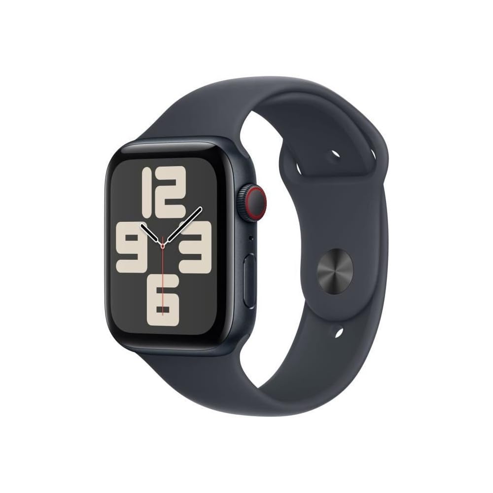 Apple Watch SE (2. paaudze) GPS + Cellular 44 mm viedpulkstenis ar alumīnija korpusu pusnakts krāsā un sporta siksniņu pusnakts krāsā (M/L). Fitnesa un miega izsekošana, negadījumu atpazīšana, Retina displejs