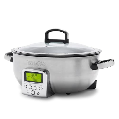 GreenPan Elite būtisks gudrs elektrisks 5.6L cepamtrauks, vienkāršas cepšanas, sautēšanas, maisīšanas un rīsu vārīšanas priekšizvēles, PFAS brīva veselīga keramikas nelipīga, trauku mazgājamā mašīnā mazgājamas daļas, LED displejs, nerūsējošais tērauds