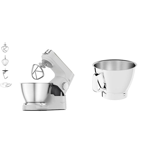 Kenwood Titanium Chef Baker KVC65.001WH - virtuves kombains ar iebūvētu svaru un nerūsējošā tērauda trauku KAB50.000SS, piederumi