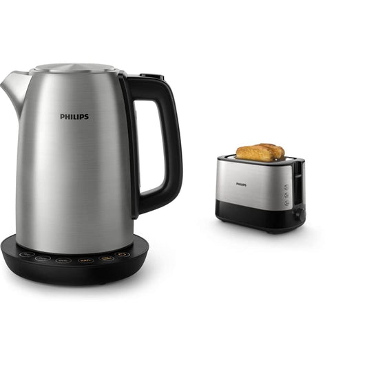 Philips HD9359/90 nerūsējošā tērauda tējkanna tējas un bērnu pārtikai (2200 vati, 1,7 litri, siltuma saglabāšanas funkcija) un HD2637/91 tosteris, plastmasa, melns/nerūsējošais tērauds