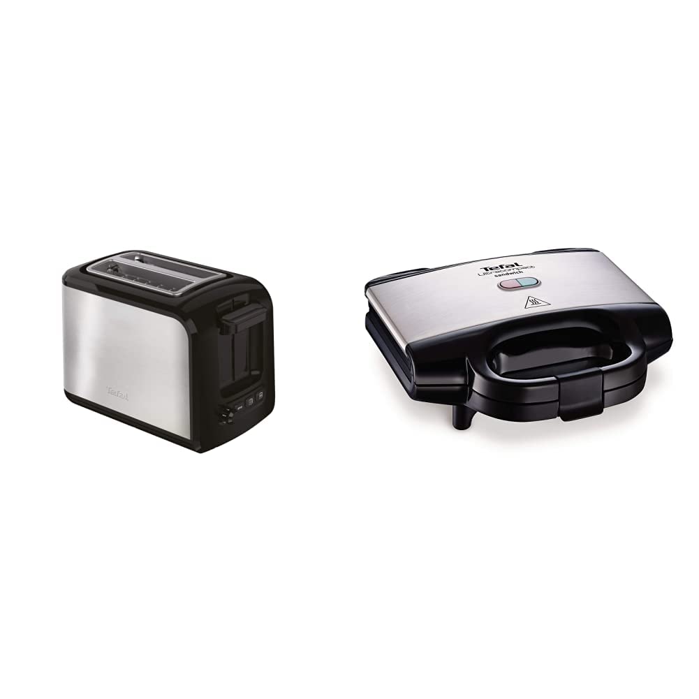 Tefal Express TT410D 2 šķēļu tosteris, melns, nerūsējošais tērauds, 2 šķēles, 850 W, 160 mm un ultrakompaktais sviestmaizes cepeškrāsns SM1552 | trīsstūrveida sviestmaižu grauzdiņiem | 700W | 26.5 x 12 x 26 cm, nerūsējošais tērauds/melns