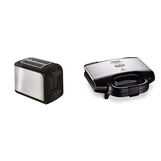 Tefal Express TT410D 2 šķēļu tosteris, melns, nerūsējošais tērauds, 2 šķēles, 850 W, 160 mm un ultrakompaktais sviestmaizes cepeškrāsns SM1552 | trīsstūrveida sviestmaižu grauzdiņiem | 700W | 26.5 x 12 x 26 cm, nerūsējošais tērauds/melns