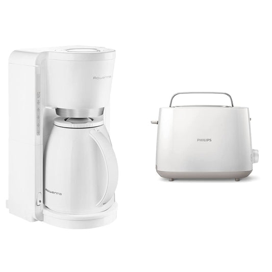 Rowenta CT3801 filtrs - kafijas automāts Adagio Milano | Ar plastmasas termokannu | 8-12 tasītes | Balts/nerūsējošais tērauds & Philips tosteris – 2 tosta slīpumi, 8 līmeņi, maizes uzlikums, balts (HD2581/00)