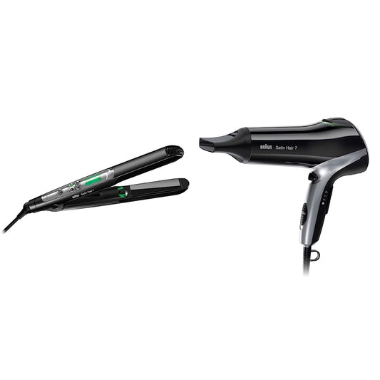 Braun Satin Hair 7 izlīdzināšanas dzelzs un matu žāvētājs, matu izlīdzinātājs ar IonTec, keramikas plāksnēm, melns/sudrabs, 2 m kabelis, 130°C-200°C, 0.7 kg