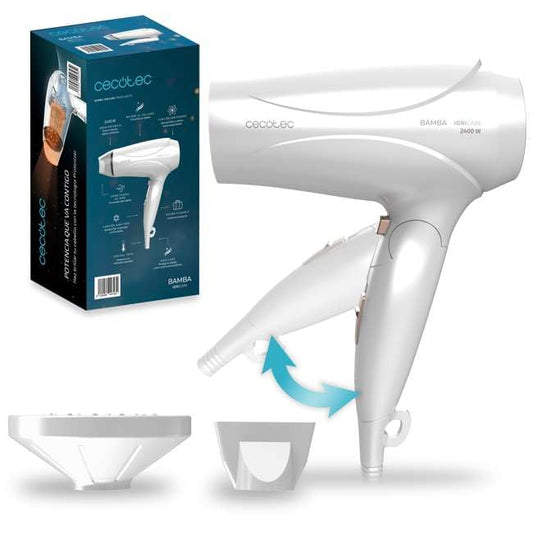 Cecotec Ionicare Travelwhite matu žāvētājs, 2400 W, kompakts un salokāms, Pro Ionizer funkcija, jaudīgs gaisa plūsma un Turbo/vidējā iestatījums, temperatūra perfektu matu sasniegšanai, matu kopšana