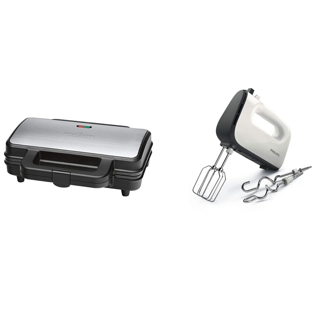 ProfiCook PC-ST 1092 sviestmaizes tosteris, ekstra liela sviestmaizes plāksnes amerikāņu XXL sviestmaizēm, 2 kontrolgaismas un Philips HR3741/00 rokas mikseris (450 vati, 5 ātrumi) balts/melns