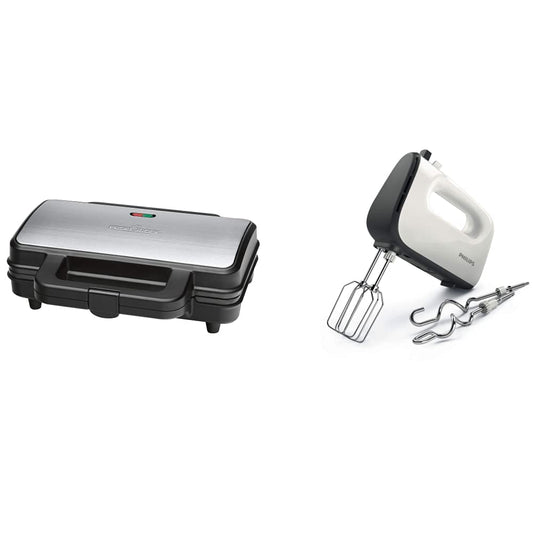 ProfiCook PC-ST 1092 sviestmaizes tosteris, ekstra liela sviestmaizes plāksnes amerikāņu XXL sviestmaizēm, 2 kontrolgaismas un Philips HR3741/00 rokas mikseris (450 vati, 5 ātrumi) balts/melns