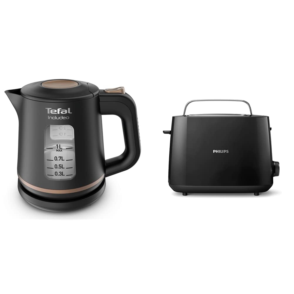 Tefal KI5338 Includeo ūdensvārāmais katls 1L ar neslīdošu rokturi, ūdens līmeņa indikatoru, 360° pamatni, melns/varš & Philips HD2581/90 tosteris ar iebūvētu maizīšu restīti, 8 apbrūnināšanas pakāpēm, melns
