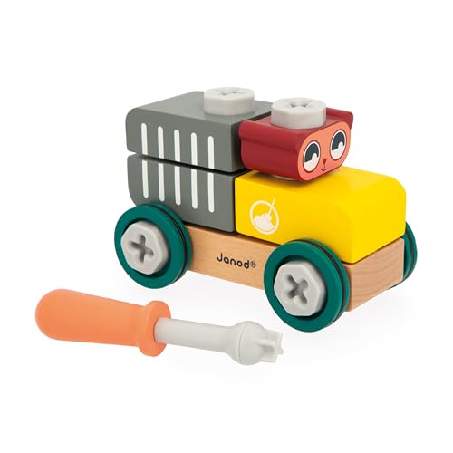 Janod DIY Car Bear - 24 building elements, 1 tool, promotes creativity and dexterity, suitable for ages 24 months and up.