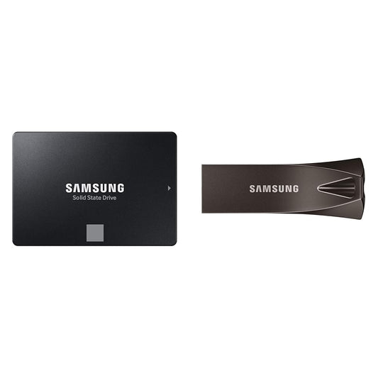 Samsung 870 EVO SSD 1TB - 560MB/s read, 530MB/s write; BAR Plus USB 64GB - 200MB/s read, 30MB/s write.