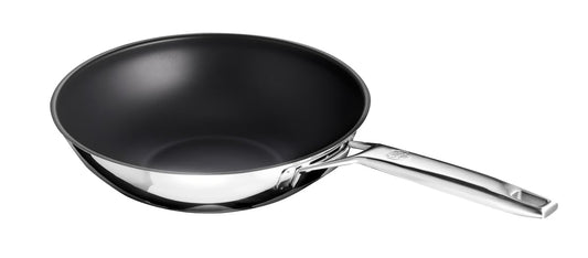 Schulte-Ufer Wok panna ASTRAL - 28 cm, nerūsējošais tērauds, UniverSUS virsmas struktūra, ideāla cepšanai un sautēšanai.