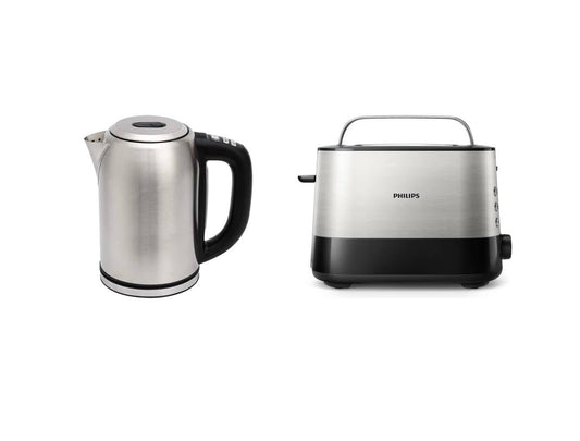 Amazon Basics 1.7L nerūsējošā tērauda tējkanna ar digitālo displeju + Philips tosteris – 2 tosta slits, 7 līmeņi, maizes uzkarsēšanas piederums, atkausēšanas funkcija