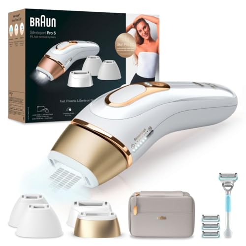 Braun IPL Silk Expert Pro 5 - matu noņemšanas ierīce, 4 uzgaļi, redzama matu noņemšana, izstrādāts Vācijā, balts/zelts