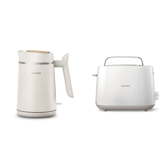 Philips tējkanna un tosteris - Eco Conscious Edition, 1.7 L tilpums, kontrollampiņa, piruetes pamatne, no lietotas cepamās eļļas, sniegbalts matēts, HD9365/10 un Philips tosteris - 2 grauzdiņu spraugas, balts, HD2581/00