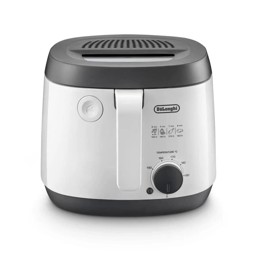 De'Longhi FS3061 frīteze - 2,3L, 1800W, izņemams grozs, regulējams termostats, kompaktā balta/pelēka dizainā.