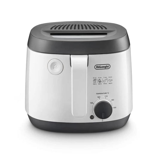 De'Longhi FS3061 frīteze - 2,3L, 1800W, izņemams grozs, regulējams termostats, kompaktā balta/pelēka dizainā.