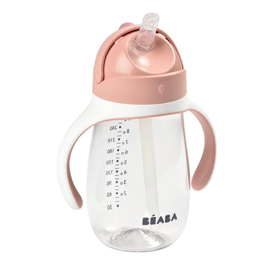 BÉABA mazuļu mācību krūze 2 in 1 ar salmiņu, 100% hermētiska, viegli atverama, ar noņemamiem rokturiem, Tritan un silikons 300 ml, rozā