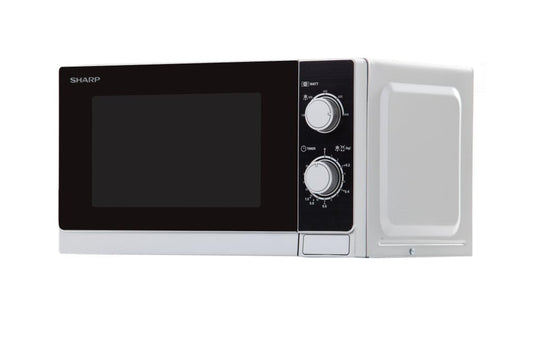 Sharp R200INW Solo mikroviļņu krāsns / 20 L / 800 W / 5 jaudas līmeņi / taimeris no 35 minūtēm līdz 00 sekundēm / svara kontrole atkausēšanai / enerģijas taupīšanas režīms / stikla griešanas šķīvis (25,5 cm) / sudraba