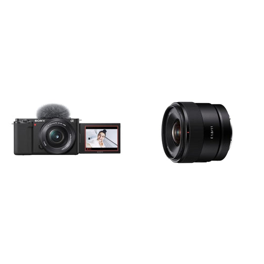 Sony Alpha ZV-E10L | APS-C bezspoguļu maināmo objektīvu Vlog kamera (pagriežams ekrāns vlogging, 4K video, reāllaika acu autofokuss), melns + APS-C platleņķa objektīvs ar fiksētu fokusu
