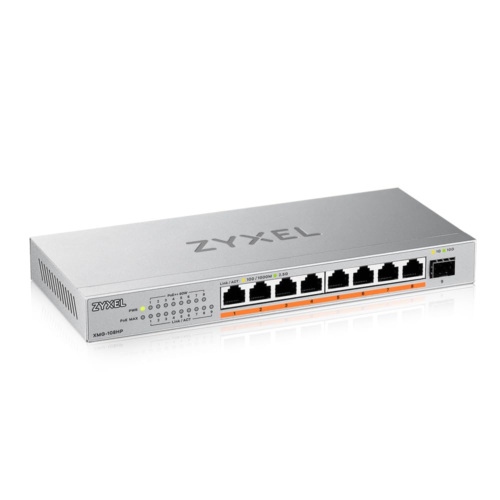 Zyxel XMG-108HP nepārvaldāms 8 portu 2.5G PoE++ tīkla slēdzis ar 10G SFP+ augšupsaiti, 100 W kopējo PoE jaudu un 60 Gbps komutācijas jaudu