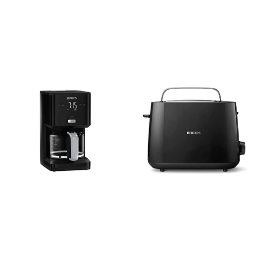 Krups KM6008 Smart'n Light kafijas automāts | ar taimeri | intuitīva displejs | 1,25 L ietilpība līdz 15 kafijas tasēm | melns un Philips tosteris – 2 tosta sloti, 8 līmeņi, melns